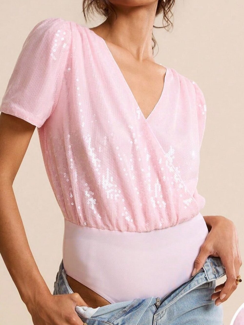 Pink Elegant Beaded Ruched Short Sleeve Women's V-Neck Sequin Bodysuit